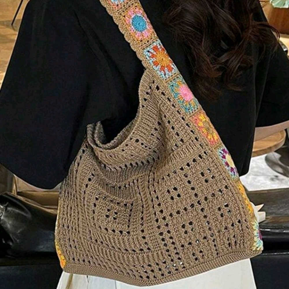 🌻Host Pick🌻Vintage Boho Crochet Shoulder Bag Brown Multicolor Floral Accents - Picture 8 of 10